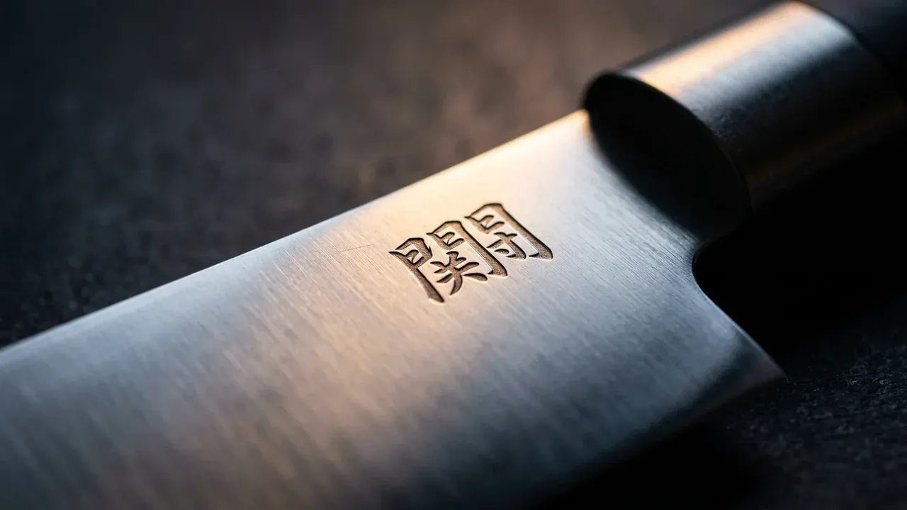 Detalle del grabado japonés en la hoja de acero inoxidable 6A de un cuchillo KAI Wasabi Black junto a la virola de acero del mango negro