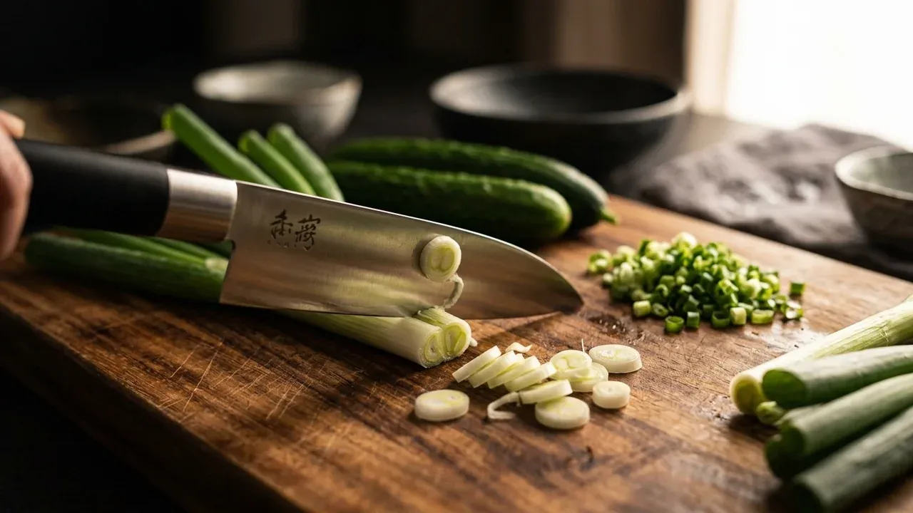 Cuchillo santoku del set KAI Wasabi Black de 3 piezas cortando cebolleta sobre una tabla de madera, con el mango negro y el kanji KAI grabado en la hoja