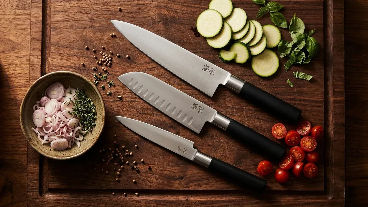 Los tres cuchillos del set KAI Wasabi Black (petty 100 mm, santoku 165 mm y chef 200 mm) sobre una tabla de madera rodeados de verdura recién cortada