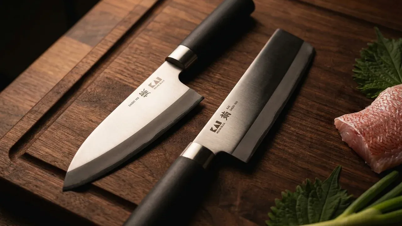 El deba y el nakiri del set KAI Wasabi Black de 5 piezas sobre una tabla de madera, los dos formatos de especialización japonesa para pescado y verdura