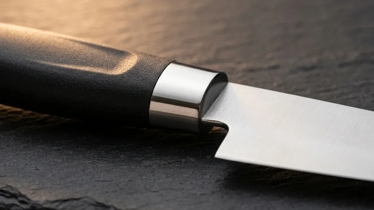 Detalle del mango negro de polipropileno y la virola de acero inoxidable que comparten las cinco piezas del set KAI Wasabi Black