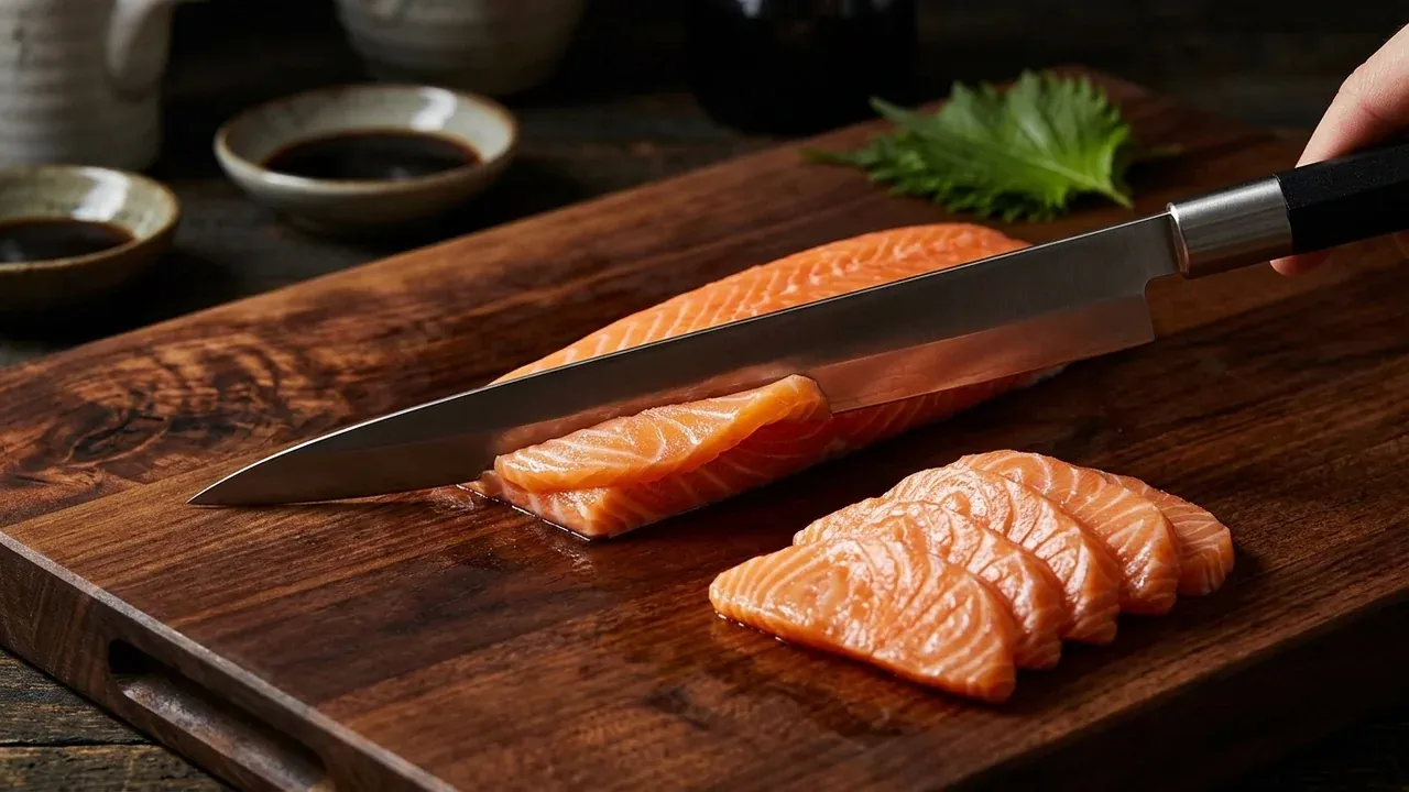 Cuchillo yanagiba KAI Wasabi Black de 210 mm cortando una loncha de sashimi de salmón sobre una tabla de madera, con lonchas ya cortadas al lado