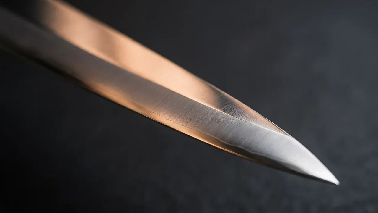 Detalle del filo largo de un solo bisel (kataba) del yanagiba KAI Wasabi Black en acero inoxidable 1K6, la geometría para cortar pescado crudo
