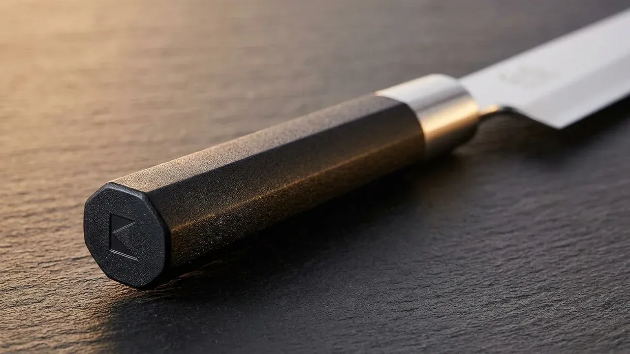 Detalle del mango wa octogonal de polipropileno negro del yanagiba KAI Wasabi Black y su virola de acero inoxidable