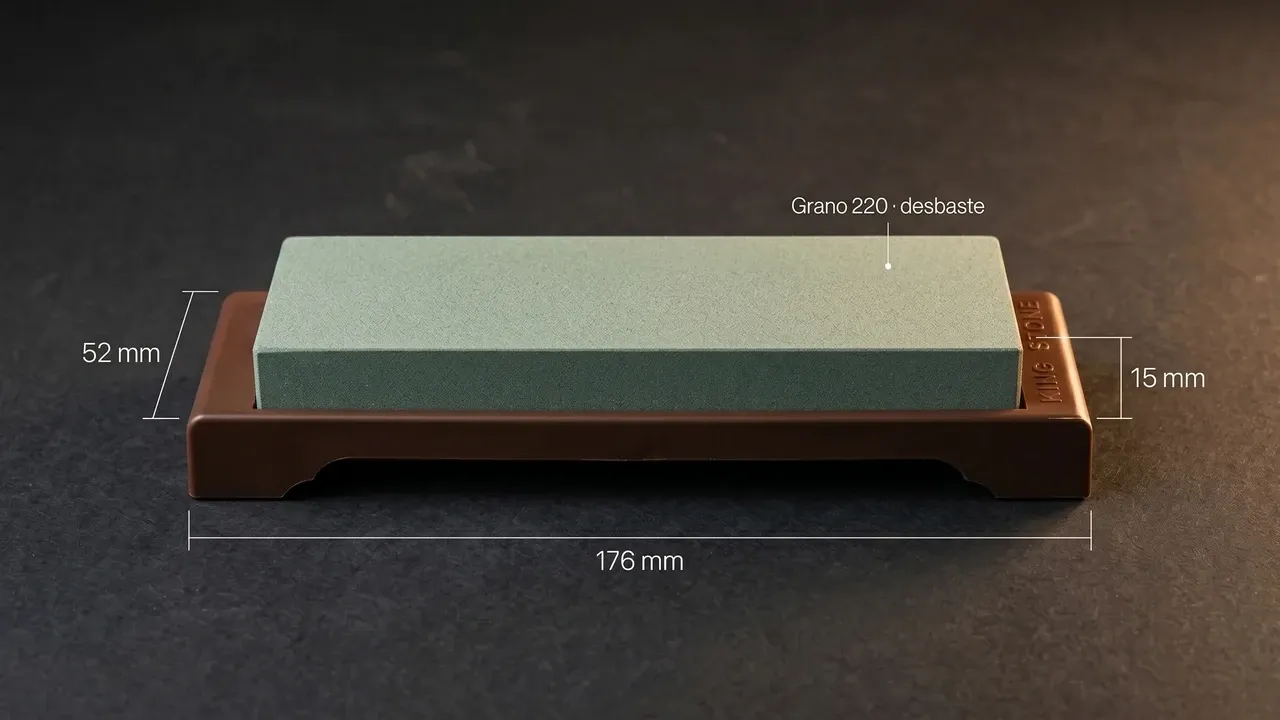 Medidas de la piedra de afilar King G-45 de grano 220 para desbaste: 176 mm de largo, 52 mm de ancho y 15 mm de grosor