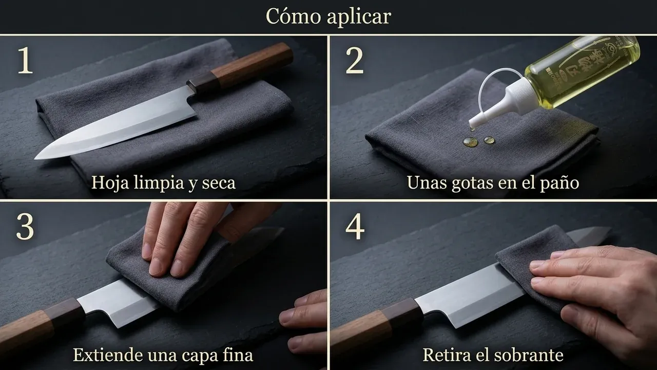 Cómo aplicar el aceite de camelia Korin en cuatro pasos: hoja limpia y seca, unas gotas en el paño, extender una capa fina y retirar el sobrante