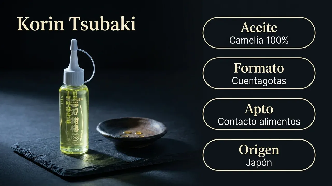 Datos del aceite de camelia Korin Tsubaki: camelia 100% pura, formato cuentagotas, apto para contacto con alimentos y fabricado en Japón