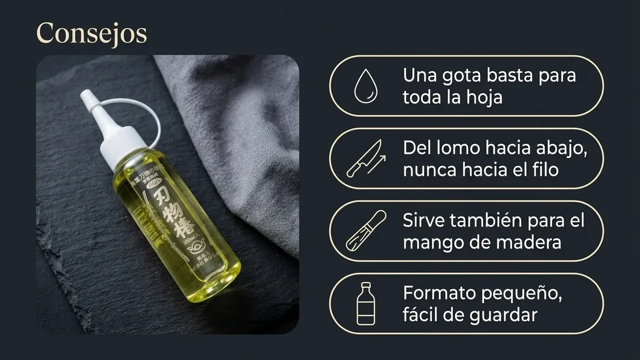 Consejos de uso del aceite de camelia Korin: una gota basta para toda la hoja, extender del lomo hacia abajo, sirve para el mango de madera y formato pequeño fácil de guardar