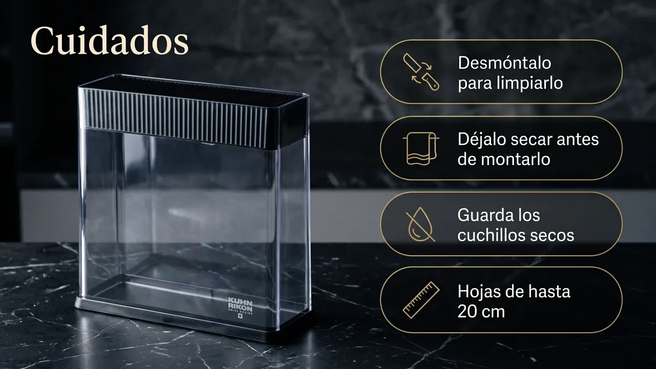 Cuidados del taco Kuhn Rikon Vision Block: desmontarlo para limpiarlo, dejarlo secar antes de montarlo y guardar los cuchillos secos, sobre mármol negro