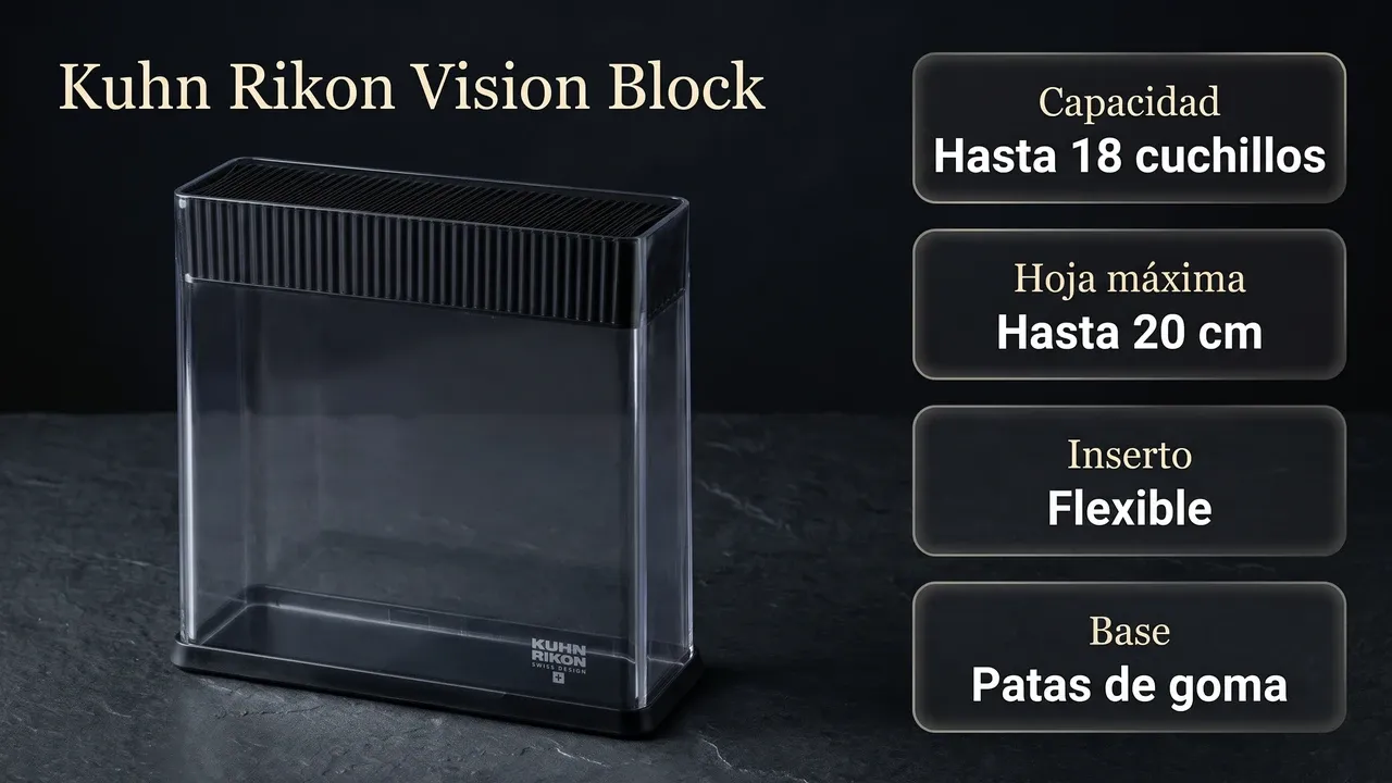 Ficha técnica del taco transparente Kuhn Rikon 26594: hasta 18 cuchillos, hojas de hasta 20 cm, inserto flexible y patas de goma
