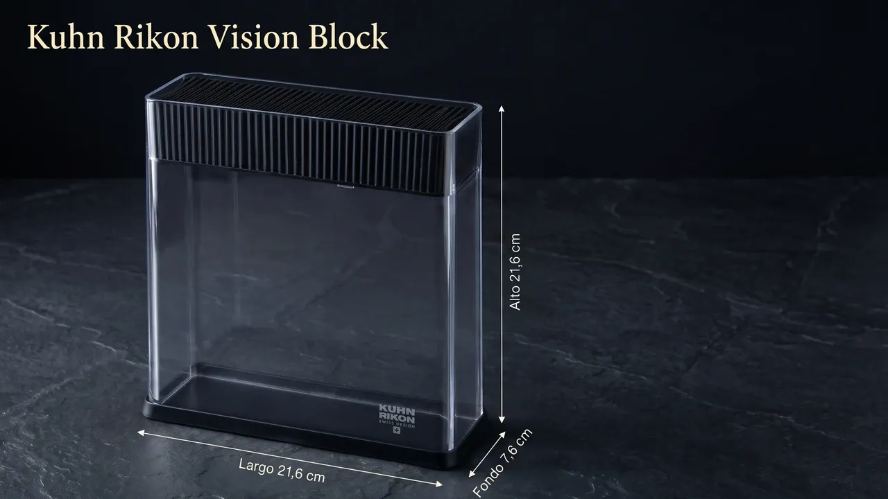 Medidas del taco Kuhn Rikon Vision Block: 21,6 cm de largo, 21,6 cm de alto y 7,6 cm de fondo, acotado sobre pizarra oscura