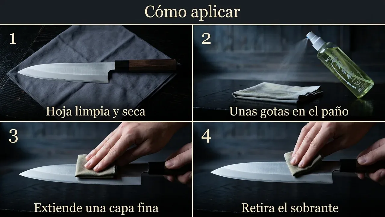 Cómo aplicar el aceite de camelia Kurobara en cuatro pasos: hoja limpia y seca, unas gotas en el paño, extender una capa fina y retirar el sobrante