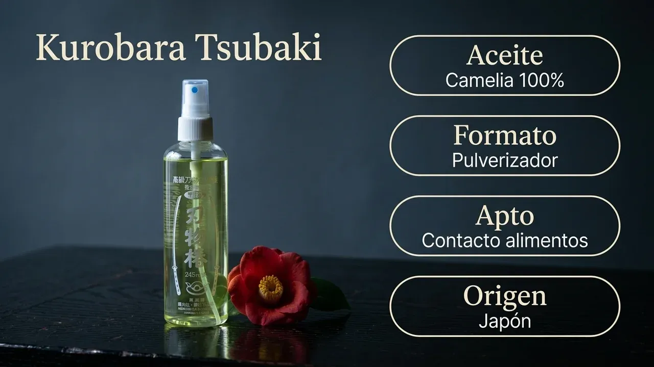 Datos del aceite de camelia Kurobara Tsubaki: camelia 100% pura, formato pulverizador, apto para contacto con alimentos y fabricado en Japón