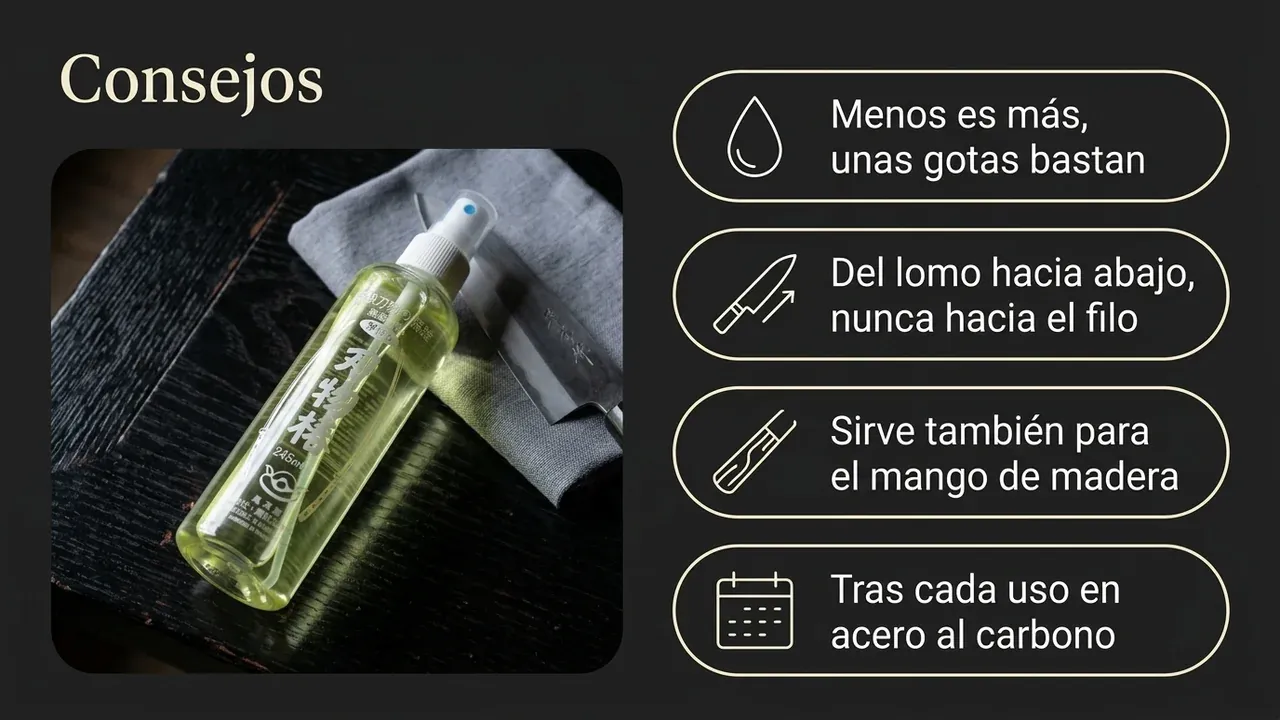 Consejos de uso del aceite de camelia Kurobara: unas gotas bastan, extender del lomo hacia abajo, sirve para el mango de madera y aplicar tras cada uso en acero al carbono