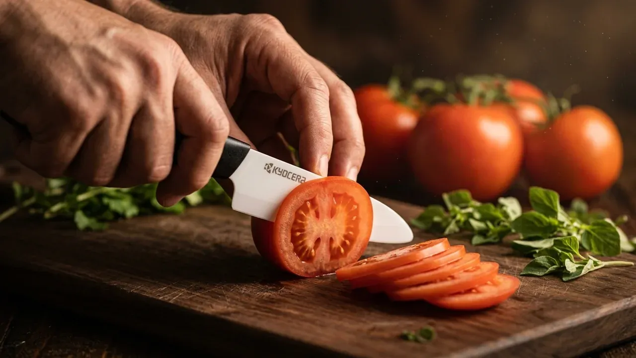 Pelador de cerámica Kyocera Revolution de hoja blanca cortando rodajas finas de tomate sobre una tabla de madera sin aplastarlo