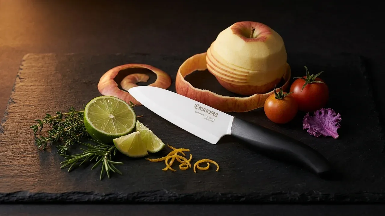 Pelador de cerámica Kyocera Revolution sobre pizarra oscura rodeado de fruta y verdura fina, con una manzana pelada en espiral, lima y hierbas