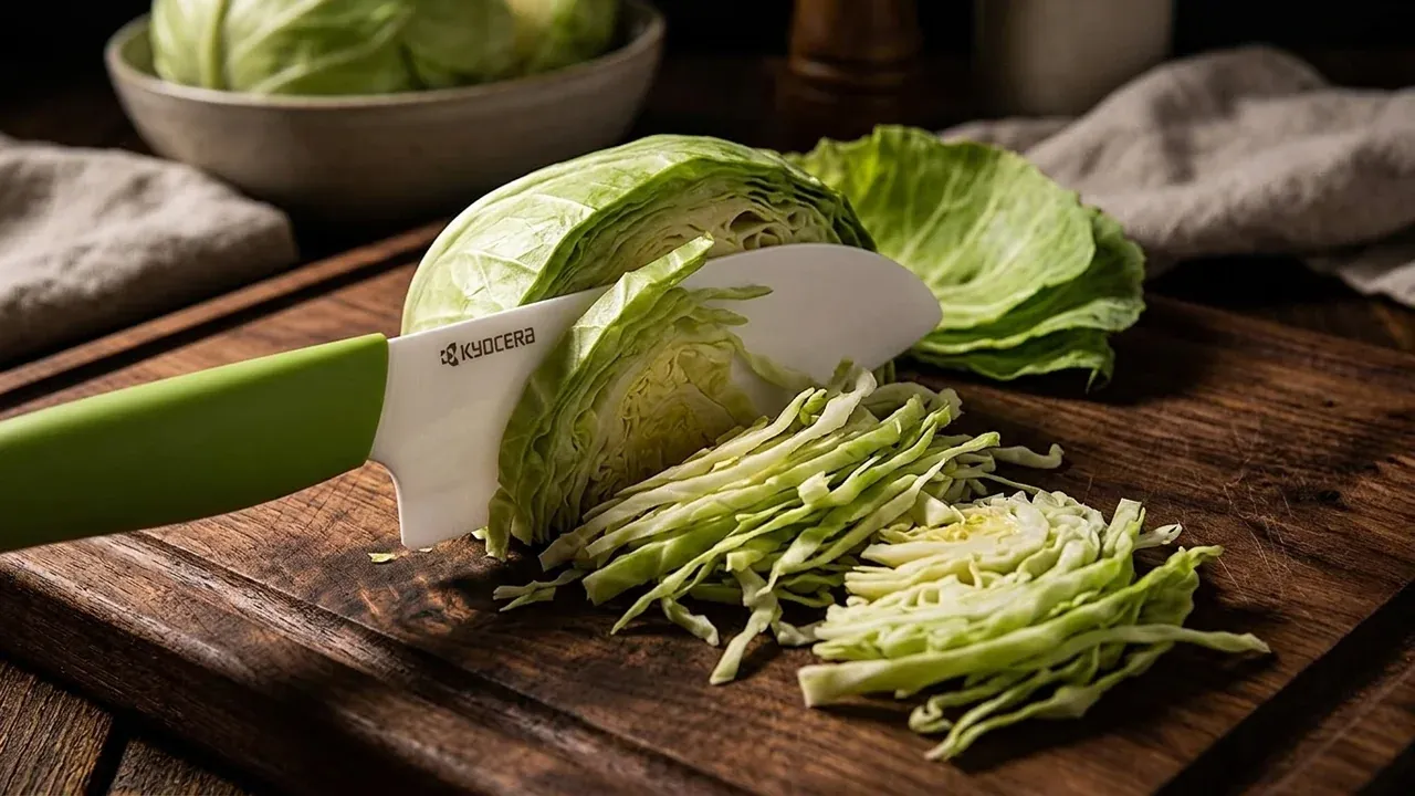 Santoku de cerámica Kyocera de hoja blanca y mango verde cortando col en juliana fina sobre una tabla de madera