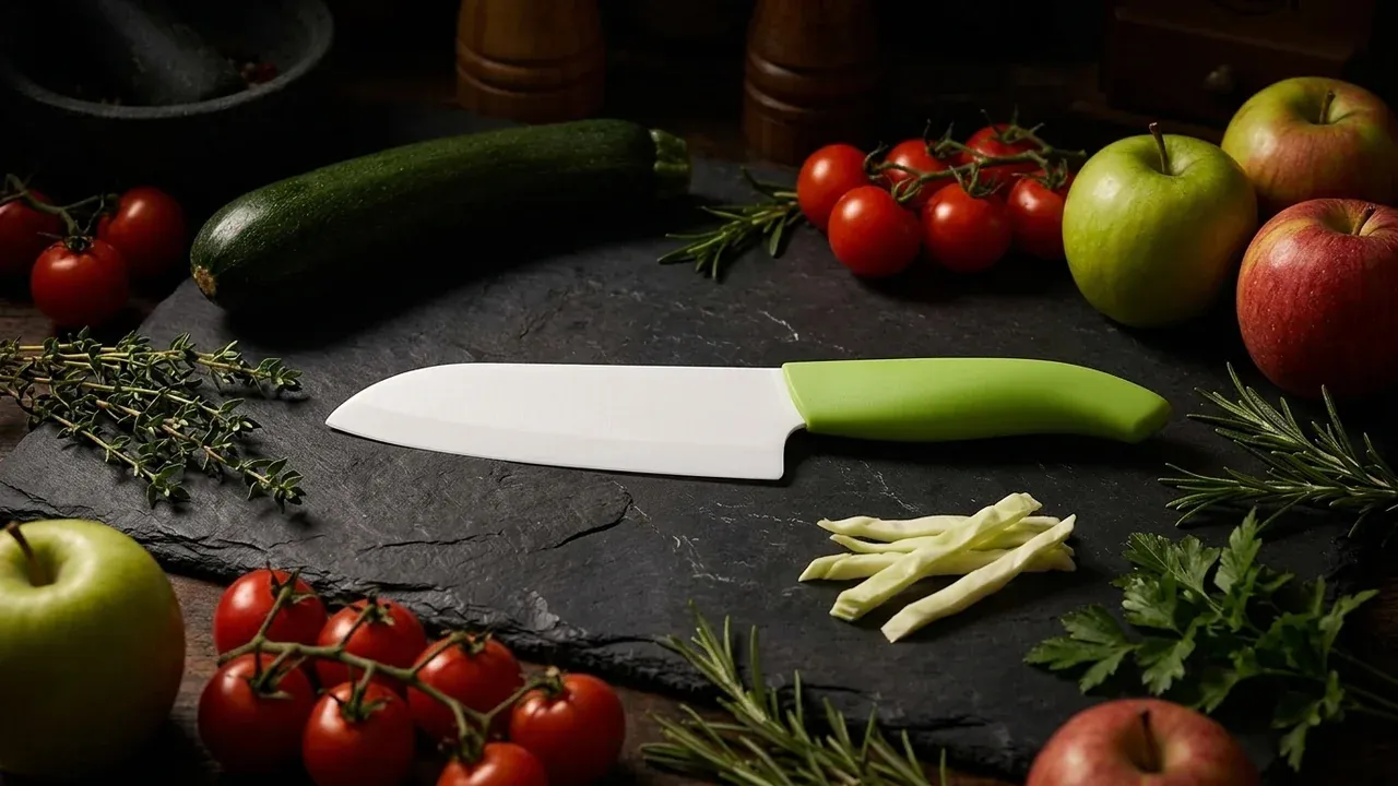 Santoku de cerámica Kyocera de mango verde sobre pizarra oscura rodeado de verdura y fruta, el cuchillo ligero de diario para producto blando
