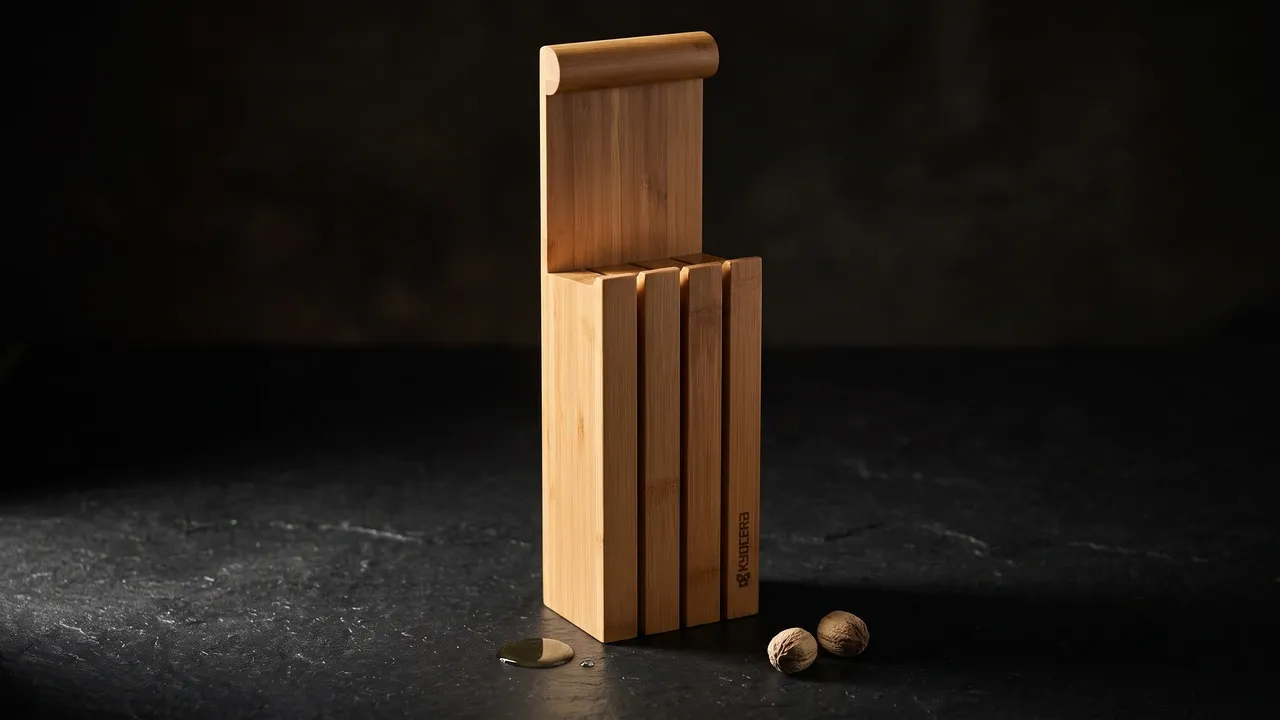 Bloque Kyocera de bambú para cuatro cuchillos sobre basalto negro mate, con una gota de aceite de camelia y dos semillas