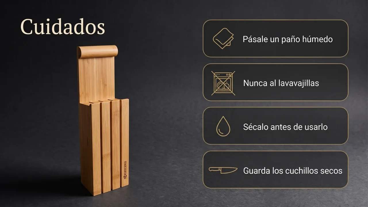 Cuidados del bloque Kyocera de bambú: limpiarlo con un paño húmedo, nunca en el lavavajillas, secarlo y guardar los cuchillos secos