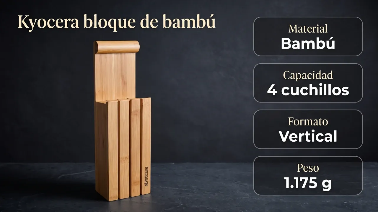 Ficha técnica del bloque Kyocera KBLOCK3: bambú, capacidad para cuatro cuchillos, formato vertical y 1.175 g de peso