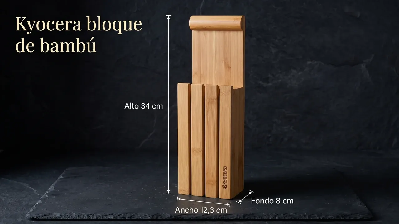 Medidas del bloque Kyocera de bambú para cuatro cuchillos: 34 cm de alto, 12,3 cm de ancho y 8 cm de fondo, acotado sobre pizarra
