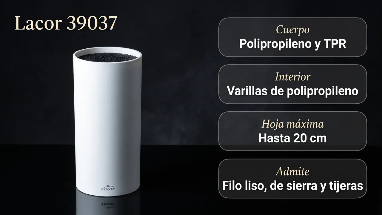 Ficha técnica del taco Lacor 39037 White: cuerpo de polipropileno y TPR, varillas de polipropileno, hojas de hasta 20 cm, filo liso, de sierra y tijeras