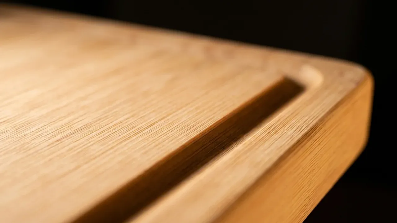 Detalle de la superficie de bambú macizo de grano fino de la tabla Loco Bird y su ranura perimetral para recoger los jugos