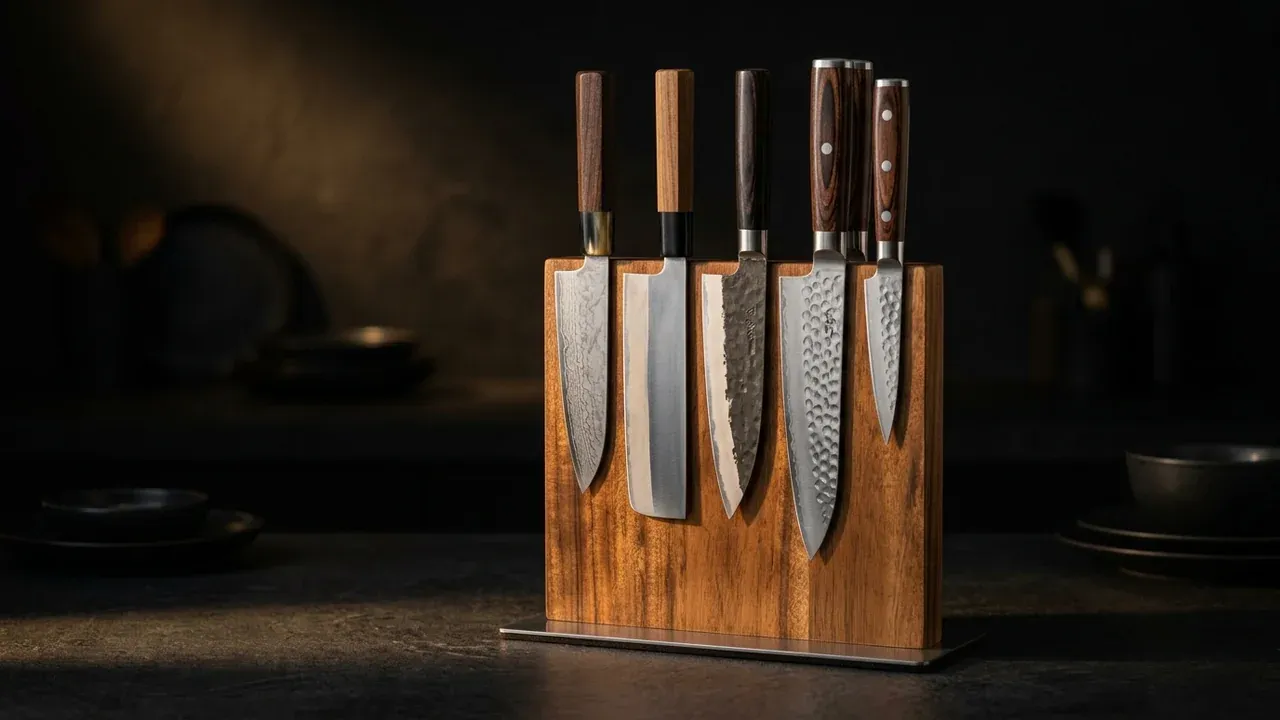 Bloque magnético Mahona de madera de acacia con varios cuchillos japoneses sujetos a su cara imantada sobre una encimera oscura