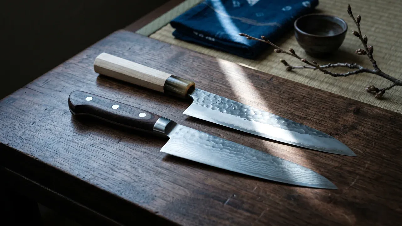 Dos cuchillos japoneses sobre madera oscura: uno con mango wa octagonal de madera clara y otro con mango yo occidental remachado negro