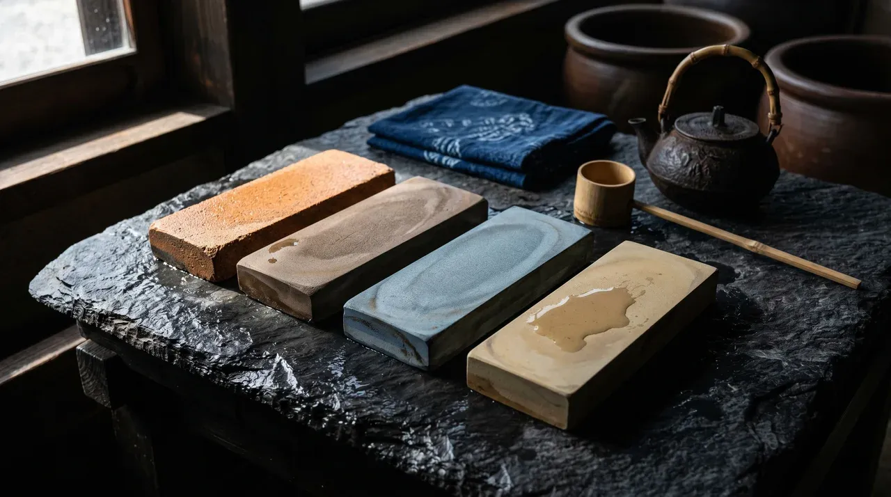 Cuatro piedras de afilar japonesas Shapton y Naniwa sobre pizarra oscura con tetsubin y furoshiki de fondo