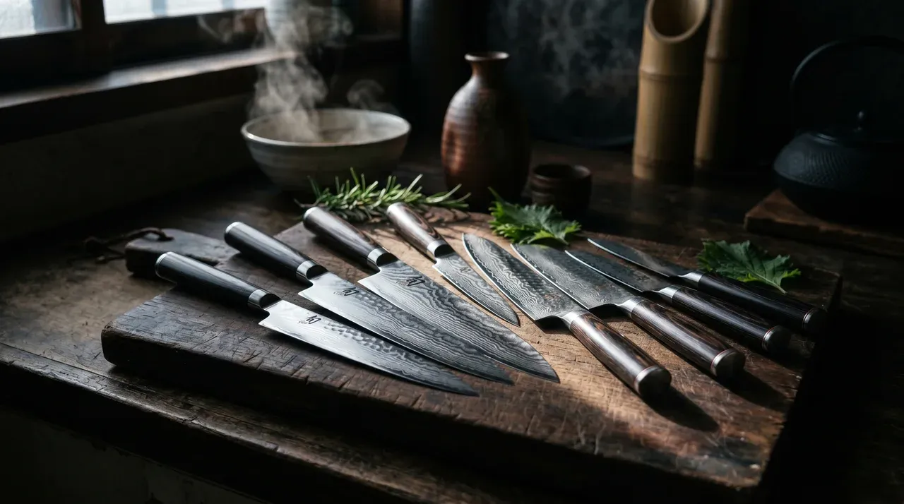 Varios sets de cuchillos japoneses KAI y Global sobre tablón de madera oscura con iluminación lateral
