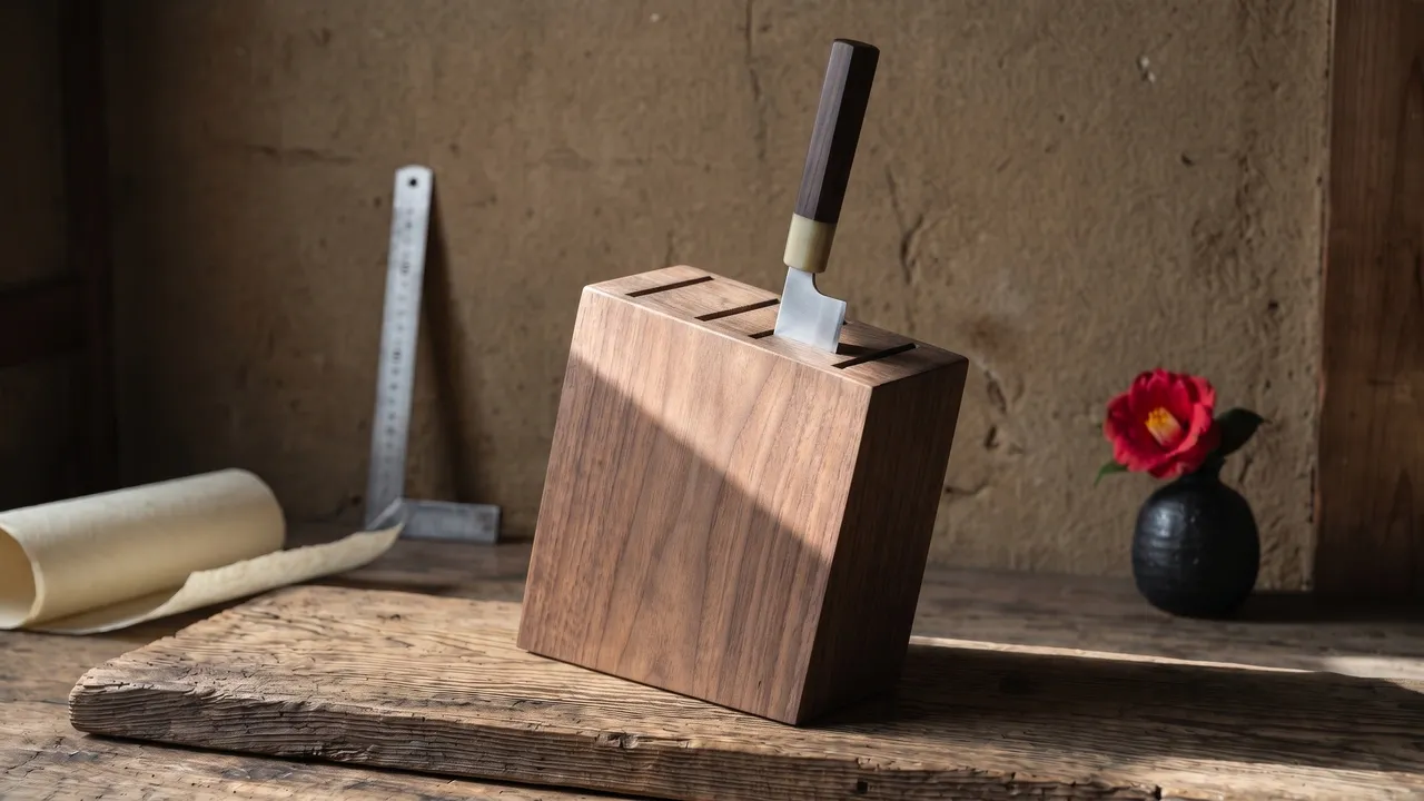 Taco de nogal con un cuchillo japonés en una de sus ranuras sobre un tablón envejecido, junto a una regla metálica, un rollo de washi y una camelia roja