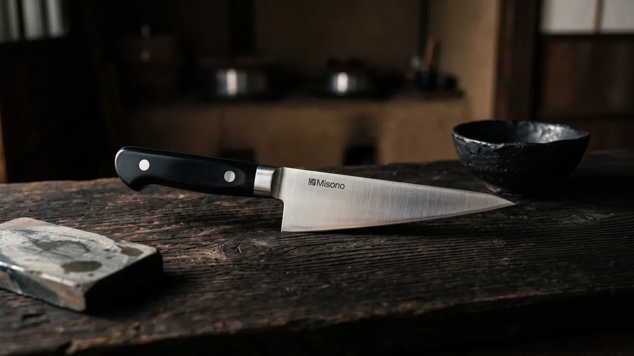 Cuchillo honesuki Misono Molibdeno No.541 de hoja triangular y mango negro remachado sobre un tablón de hinoki oscuro, junto a un cuenco wabi de cerámica y un fragmento de piedra de afilar
