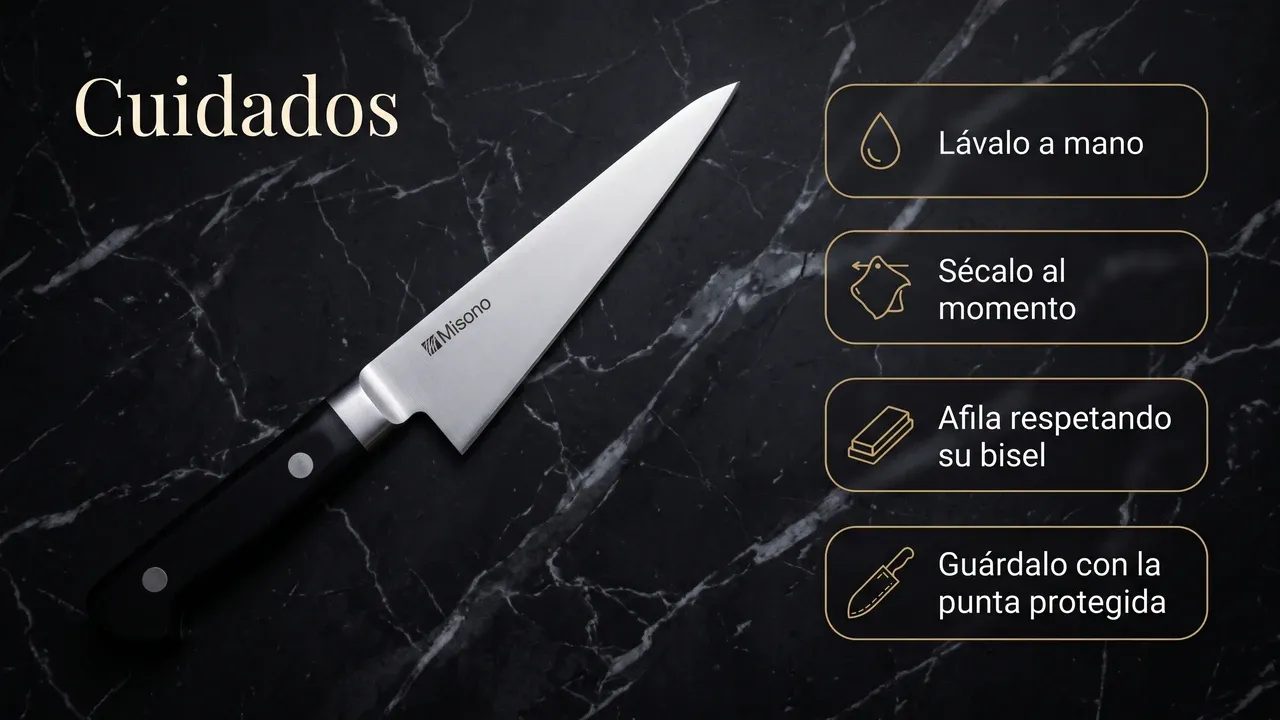 Cuidados del honesuki Misono sobre mármol negro: lavarlo a mano, secarlo al momento, afilarlo respetando su bisel y guardarlo con la punta protegida