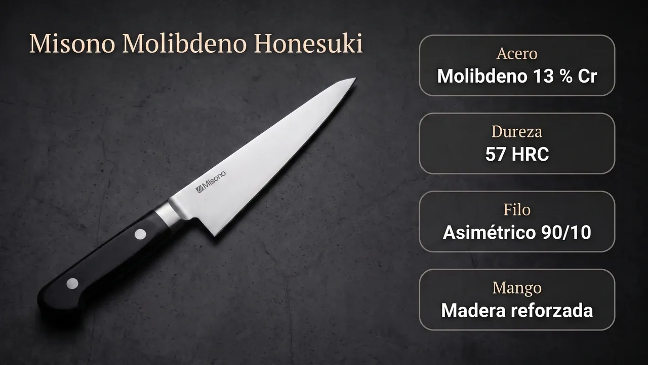 Ficha técnica del Misono Molibdeno Honesuki: acero al molibdeno con 13 % de cromo, 57 HRC, filo asimétrico 90/10 y mango de madera reforzada