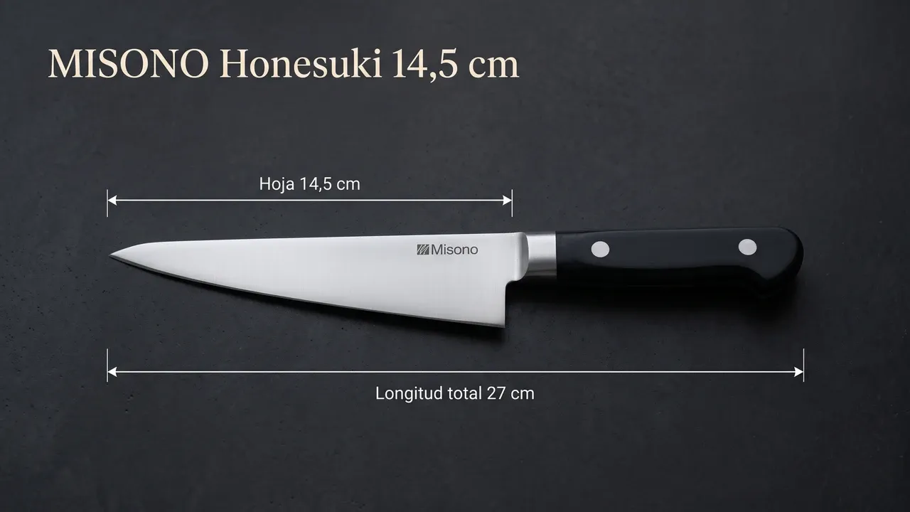 Medidas del honesuki Misono Molibdeno No.541: hoja de 14,5 cm y 27 cm de longitud total, acotadas sobre cemento pulido oscuro