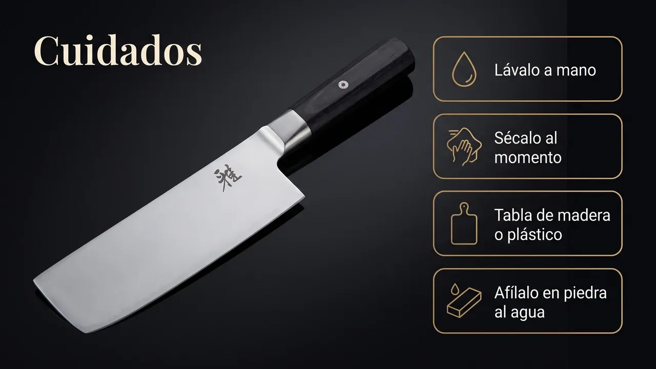 Cuidados del nakiri Miyabi 4000FC: lavado a mano, secado inmediato, tabla de madera o plástico y afilado en piedra al agua