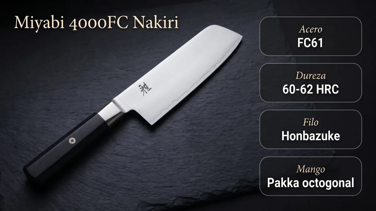Datos técnicos del Miyabi 4000FC Nakiri: acero FC61, 60-62 HRC, filo honbazuke y mango octogonal de pakka