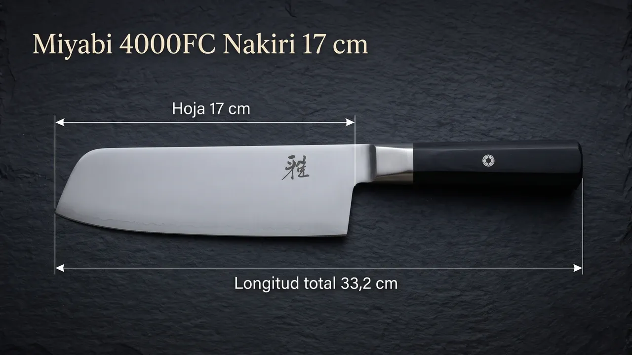 Medidas del Miyabi 4000FC Nakiri: hoja de 17 cm y 33,2 cm de longitud total, sobre pizarra oscura