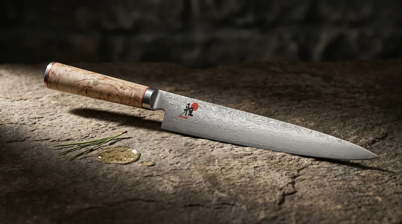 Cuchillo Miyabi 5000 Carving Sujihiki 240mm con hoja damasco de acabado premium sobre pizarra oscura, junto a esquina de furoshiki índigo