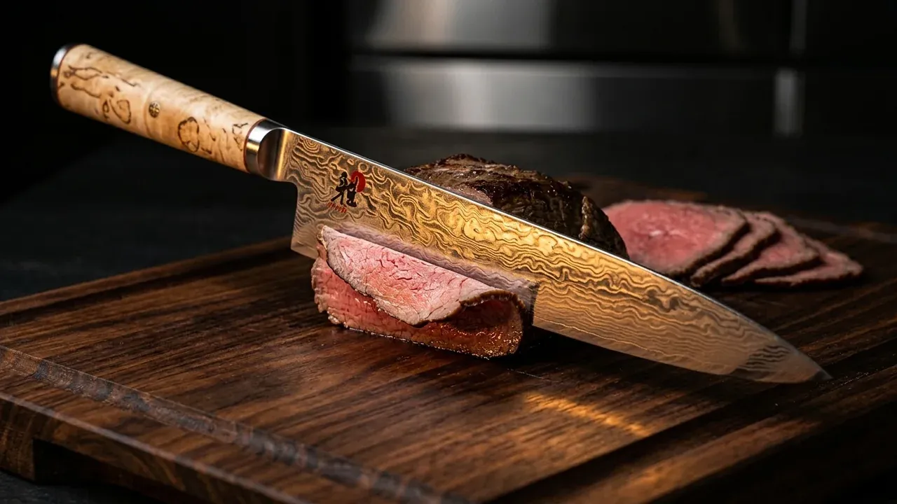 Cuchillo sujihiki Miyabi 5000 Carving de hoja larga de damasco loncheando carne asada en cortes finos sobre una tabla de madera oscura
