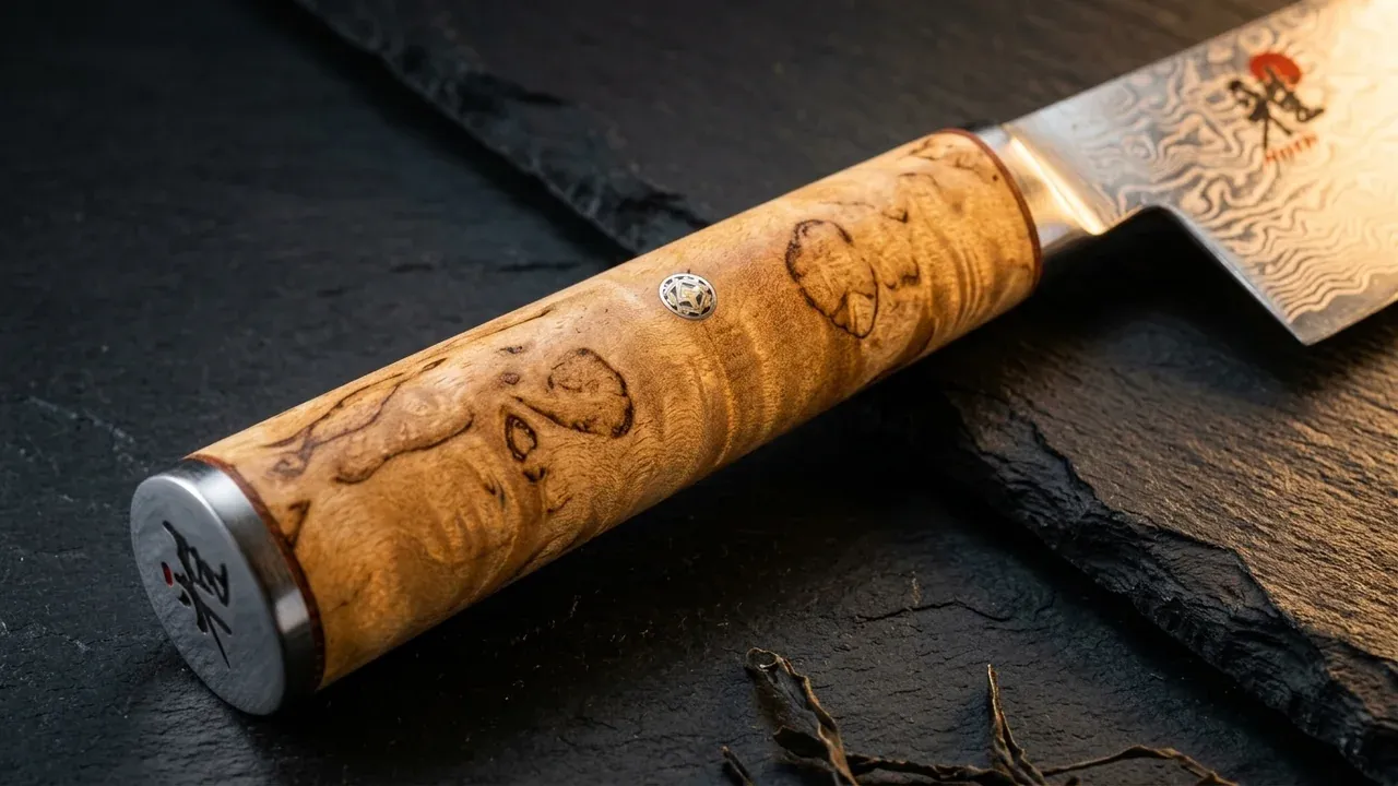 Detalle del mango de madera de abedul del sujihiki Miyabi 5000 Carving y la transición a la hoja de damasco de acabado superior