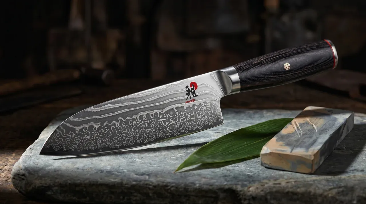 Miyabi 5000 FCD Santoku 180 mm con patrón damasco visible y mango Birchwood sobre superficie de piedra oscura