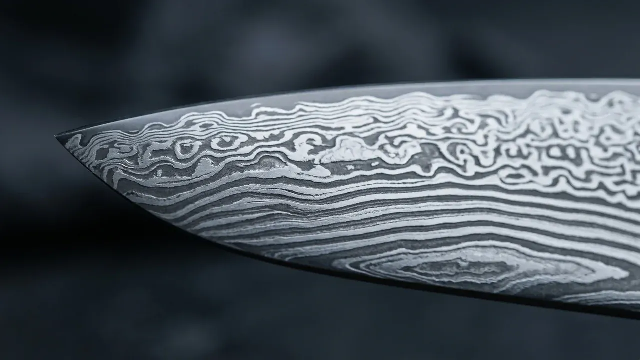Detalle del patrón de damasco plateado sobre el núcleo FC61 de la hoja del santoku Miyabi 5000 FCD