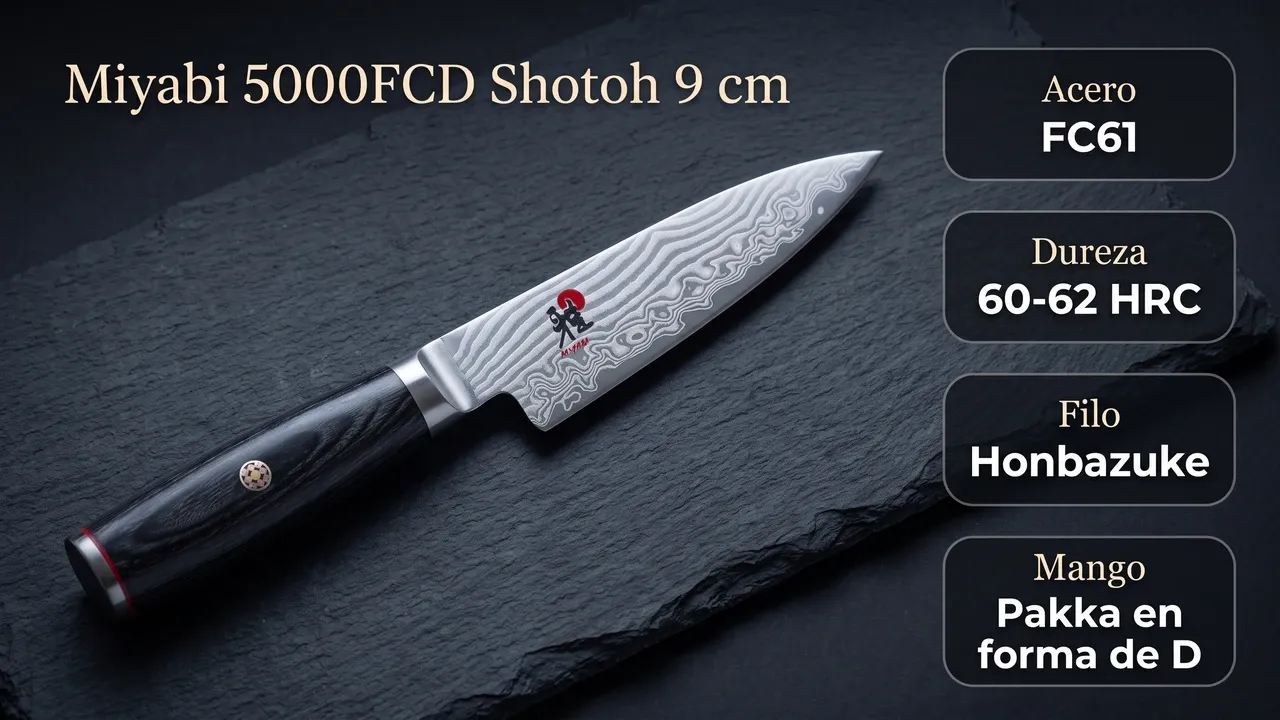 Datos técnicos del shotoh Miyabi 5000FCD: acero FC61, 60-62 HRC, filo honbazuke y mango de pakka en forma de D