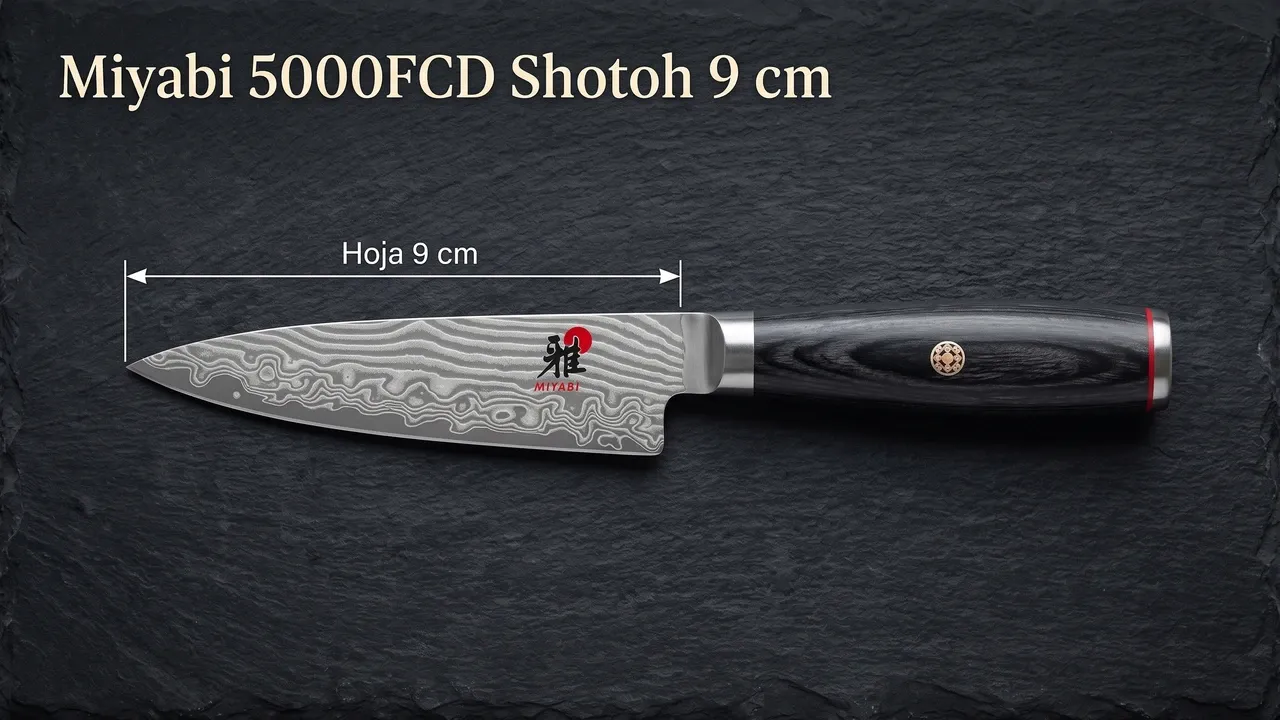 Medida del shotoh Miyabi 5000FCD sobre pizarra oscura: hoja de damasco de 9 cm acotada de la punta a la virola