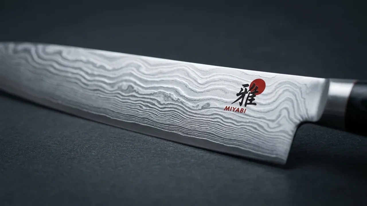 Detalle del patrón de damasco de la hoja larga del sujihiki Miyabi 5000 FCD con el logo Miyabi grabado