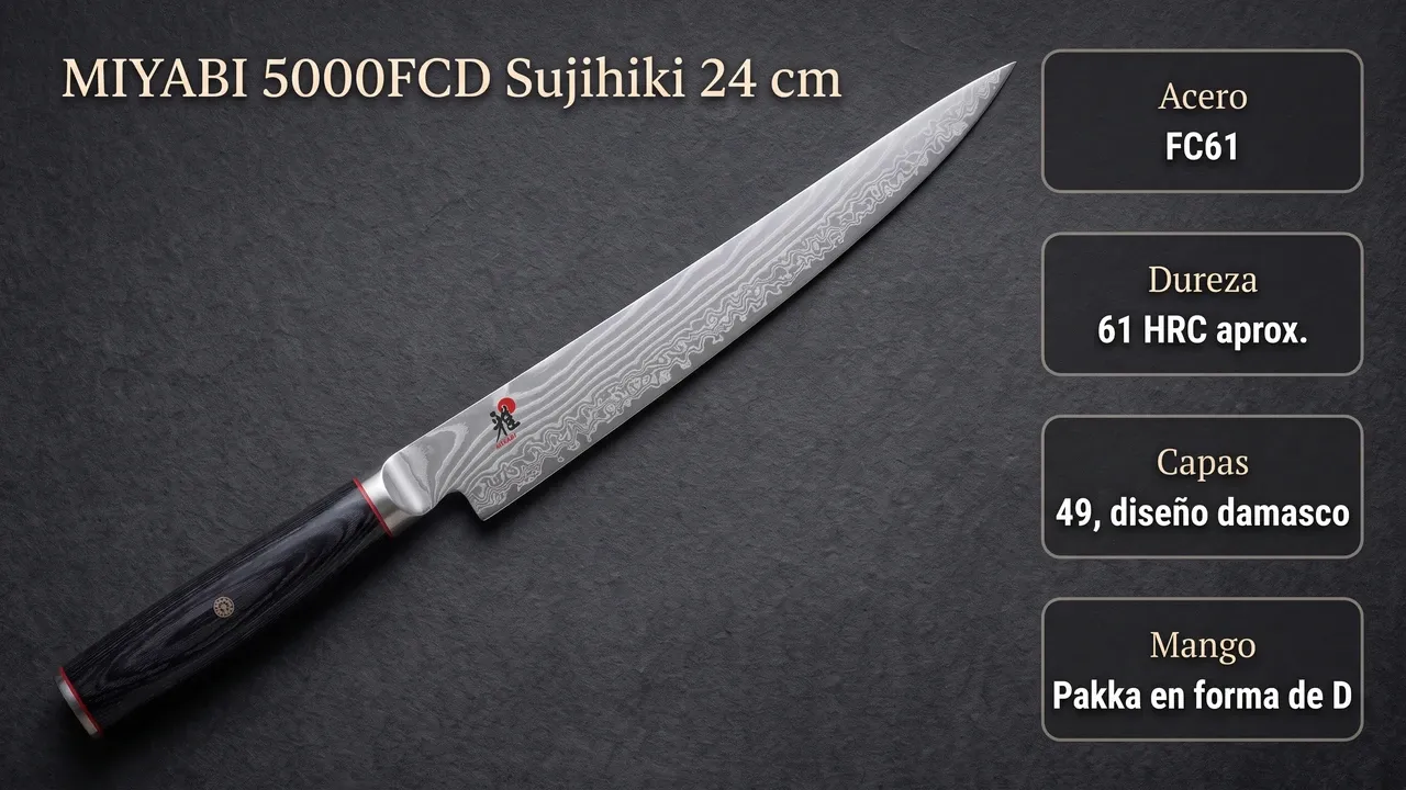 Datos técnicos del Miyabi 5000FCD Sujihiki sobre papel texturado oscuro: acero FC61, 61 HRC aproximados, 49 capas con diseño de damasco y mango de pakka en forma de D