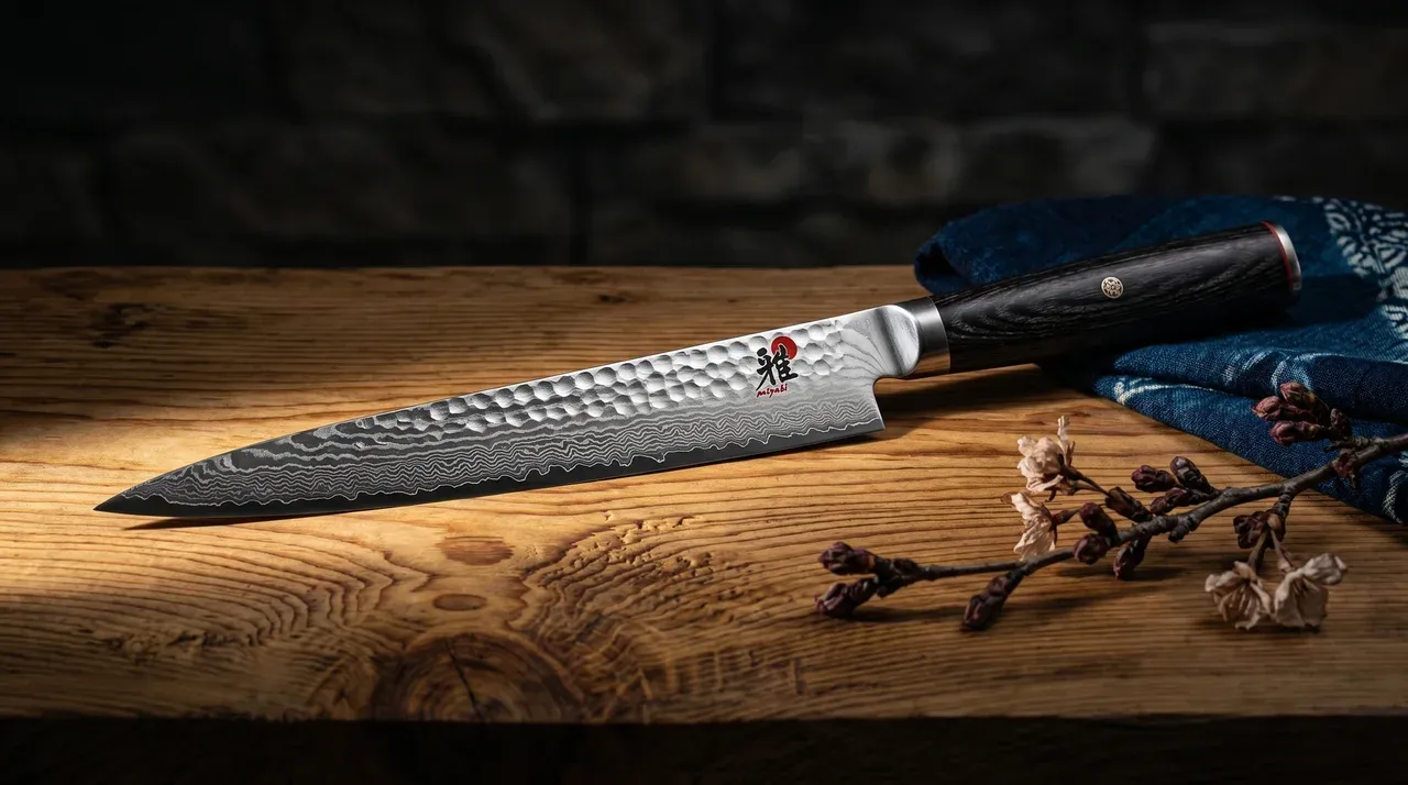 Cuchillo Miyabi 5000FCD Sujihiki 240mm con acabado damasco sobre madera lacada negra, junto a cuenco wabi y hoja de bambú